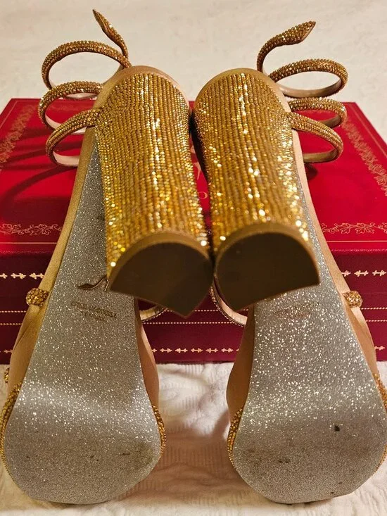Rene Caovilla 38.5 Cleo Gold Platform Crystal Wrap Strap Sandal Block Heel Pump - Picture 8 of 12